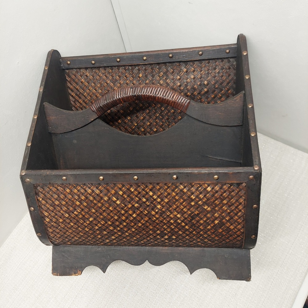 Large Wood Woven Wicker Ratan Magazine Rack Brown Metal Studded Floor Caddy